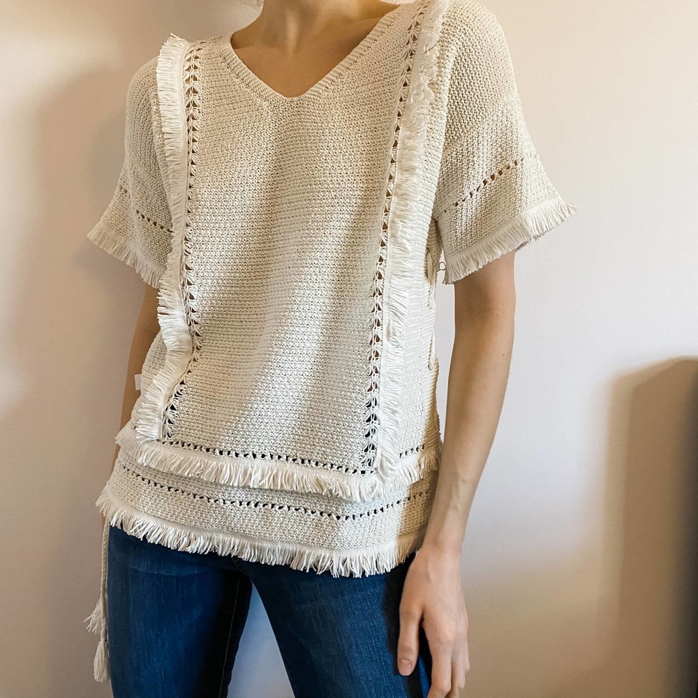 Lou & Grey Cream Knit Fringe V Neck Top